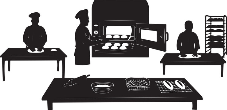 Silhouette of chefs preparing food in a commercial kitchen