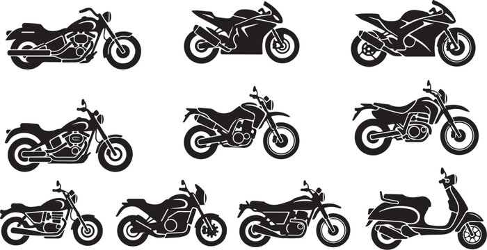 Collection of various motorcycle silhouettes in black and white