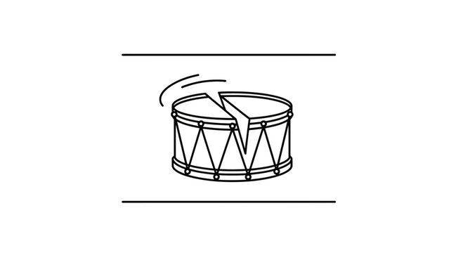 Minimalist line drawing of a broken snare drum with a fractured head and surrounding lines