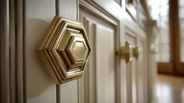Close up of golden cabinet hardware on white wooden doors