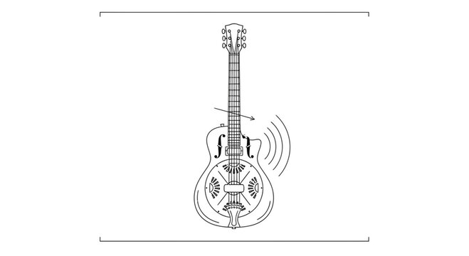 Minimalist line art illustration of a resonator guitar producing musical sound waves a clean