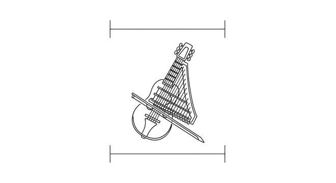 Minimalist line art illustration of a unique stringed musical instrument with a violin bow for
