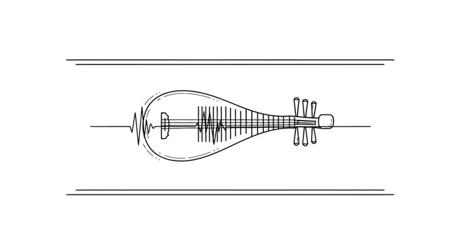 Minimalist Black and White Line Art of a Traditional Lute Instrument with Integrated Sound Wave