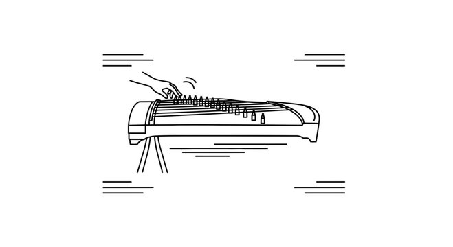 Elegant line art illustration of a hand performing on a classical zither-like instrument