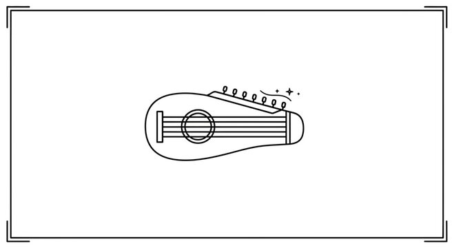 Simple black and white line art depicting a small string instrument, like a ukulele or mandolin,