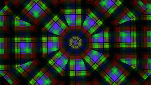 Vibrant plaid pattern with kaleidoscope effect, colorful abstract background