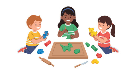 Three happy children sit around a wooden board playing with colorful modeling clay to create various animal shapes like dogs and bears.