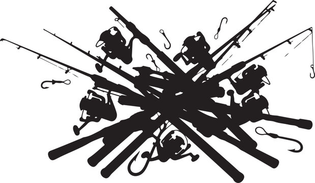 Fishing rods and hooks in a tangled messy pile