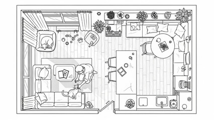 Obraz premium Detailed top-down schematic illustration of a cozy modern apartment floor plan concept, showcasing efficient living space design and furniture arrangement