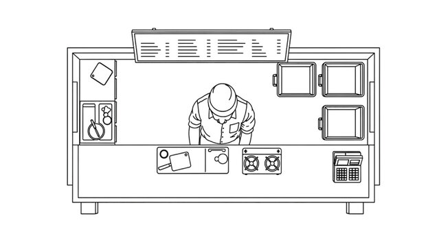 Overhead line art illustration of a bustling street food stand, showcasing a chef meticulously preparing meals with various kitchen equipment and a prominent menu board