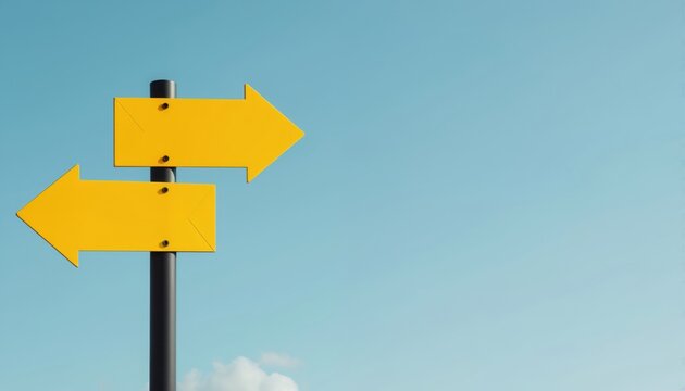 Two yellow arrows point in opposite directions against a clear blue sky. This symbolizes a crossroads, decision making, and diverging paths for future journeys.
