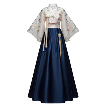 Traditional Korean Hanbok dress, elegant floral embroidered jeogori jacket, navy blue satin chima skirt, cultural fashion apparel isolated PNG with Transparent Background