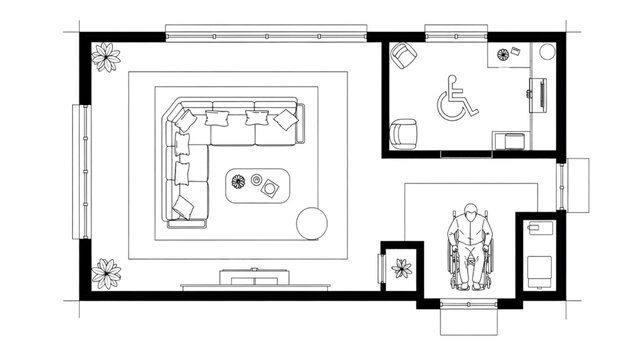 Architectural floor plan of a modern accessible living room with furniture and bathroom