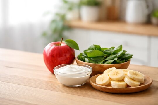 Apple, banana, and spinach smoothie ingredients on wooden countertop for detox food preparation concept