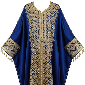 Royal blue kaftan with gold embroidery isolated on transparent background