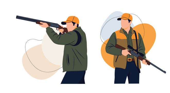 Pair of hunters dressed in camouflage clothing and orange caps carrying shotguns for a traditional hunting trip.