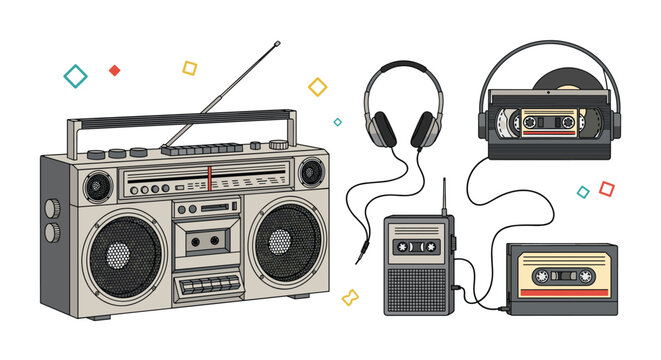 Collection of retro audio equipment including a large silver boombox, headphones, portable cassette player, and music tapes from the eighties.