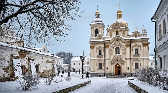 A church in a snowy town with a tree in the fore