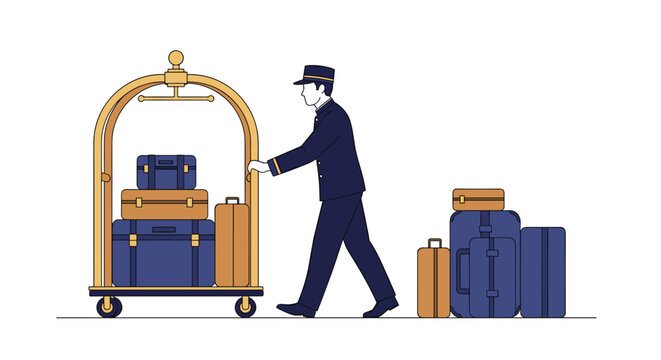 Hotel bellhop in a blue uniform pushing a golden luggage trolley loaded with various suitcases and bags towards a destination.