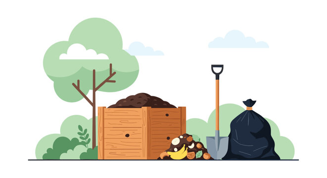 Environmentally friendly composting area featuring a wooden bin, a pile of soil with food scraps, a shovel, and a black waste bag.