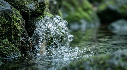 Fototapeta premium Natural spring bubbling between moss‑covered rocks, clear water ripples and bubbles in shaded forest with copy space for text, World Environment Day concept