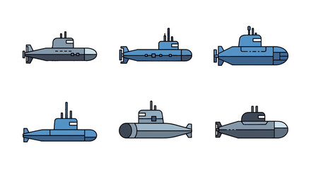 Fototapeta premium Set of Military Submarine and Underwater Vessel Vector Icons in Flat Design Style Isolated on White Background.