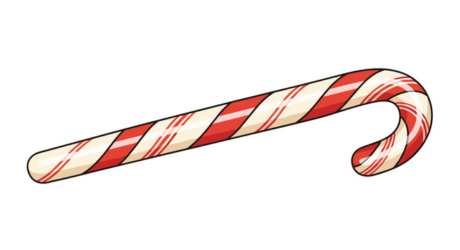 Traditional red and white striped peppermint candy cane with a glossy finish isolated on a plain white background.