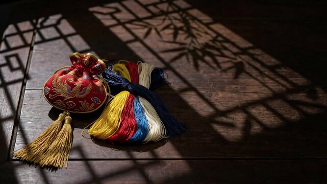 Embrace the timeless elegance of traditional Asian culture with this perfectly seamless loop of a festive embroidered sachet in stunning 4K 60fps. A beautifully detailed red perfume pouch with a golde