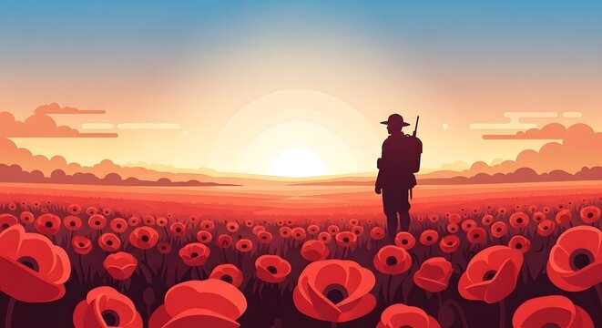 Solitary ANZAC Day soldier standing among red poppies at sunset, military remembrance scene, rear view, field horizon
