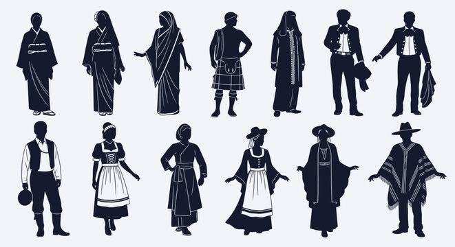 Diverse Cultural Silhouettes of Men and Women in Traditional Attire