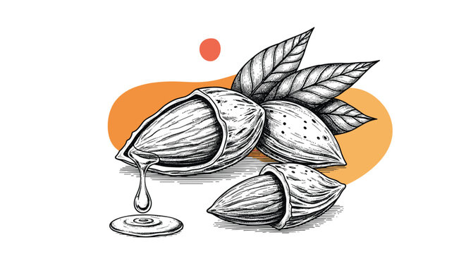 Hand drawn sketch of almond nuts in shells with green leaves and a drop of almond oil representing natural beauty and health.