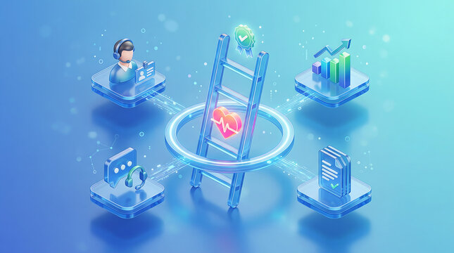 Isometric healthcare service improvement concept with support agent checklist quality badge growth analytics and care ladder around a glowing heart