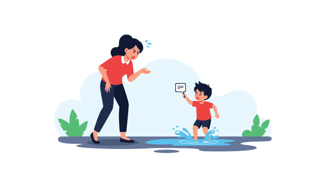 Angry mother scolding her young son who is jumping and splashing in a water puddle outdoors on a cloudy day scene.