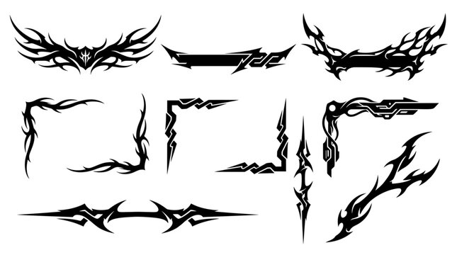 Black futuristic cyber sigilism frame borders and neo tribal stream overlays. Set of sharp gothic corner graphics, Y2K dividers, and edgy UI panels