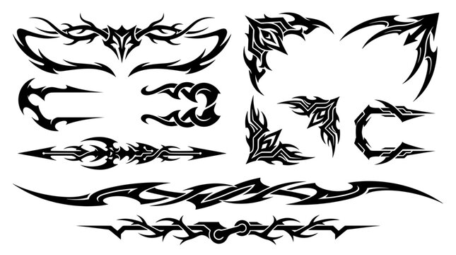 Black neo tribal cyber sigilism vector graphic elements. Includes edgy gothic dividers, sharp corner frames, and symmetric Y2K tattoo flash designs