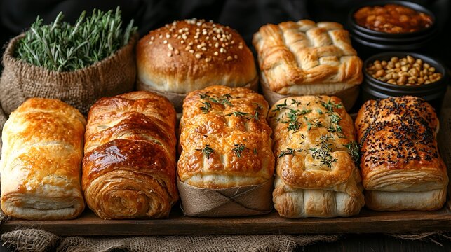 Assorted baked goods, including bread and pastries, arranged on a wooden board.