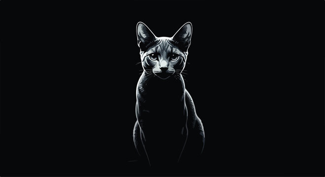 Russian Blue cat negative space vector, single Russian Blue cat silhouette formed by negative space, dark background, premium modern vector design, minimal elegant composition, high contrast
