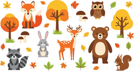 Fototapeta premium Cute Autumn Woodland Animal Vector Set Featuring Fox, Raccoon, Rabbit, Deer, Bear, Owl, and Squirrel with Fall Trees and Colorful Leaves for Nursery Designs