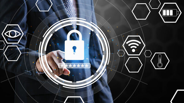A businessman's hand touches a glowing digital interface with a lock icon and password asterisks, representing advanced cybersecurity, data protection, and smart technology systems