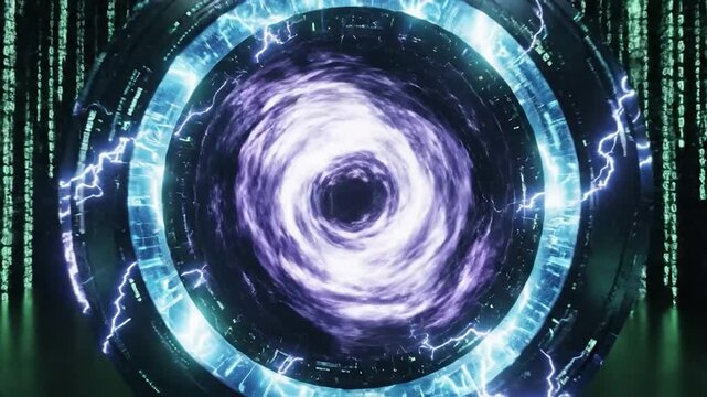 Futuristic portal with swirling energy and digital rain in a dark room