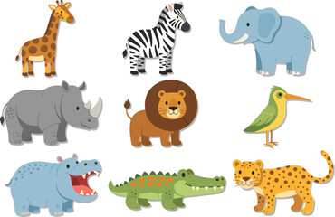 Obraz premium Cute Safari Animal Sticker Vector Set Featuring Giraffe, Zebra, Elephant, Rhino, Lion, Bird, Hippo, Crocodile, and Leopard with White Border for Kids Scrapbooking