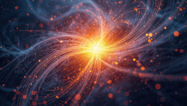 Glowing energy core, particle swirl, luminous filament, warm orange light, cosmic vortex