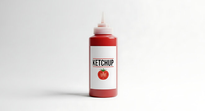 Red plastic squeeze bottle with white cap and label featuring the word KETCHUP and a tomato on a white background