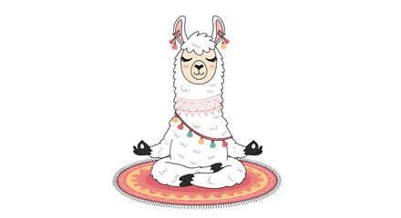 Naklejka premium Cute white llama sitting in a cross legged lotus meditation pose on a colorful bohemian rug decorated with traditional ornaments.