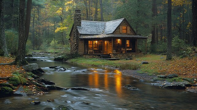Cozy cabin nestled beside a tranquil stream in an autumnal forest.