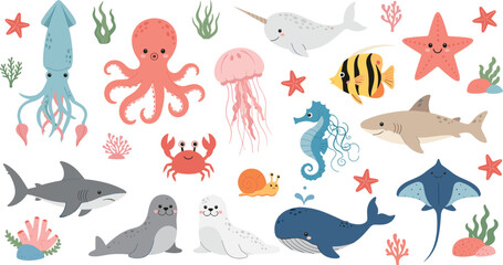 Adorable Marine Life Vector Set Featuring Seal, Narwhal, Whale, Octopus, Shark, and Squid Icons for Kids Educational Posters and Ocean Themed Nursery Designs © Fahim