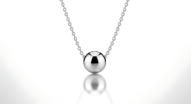 Simple Silver Ball Pendant Necklace Centered on White Background with Reflection and Soft Lighting