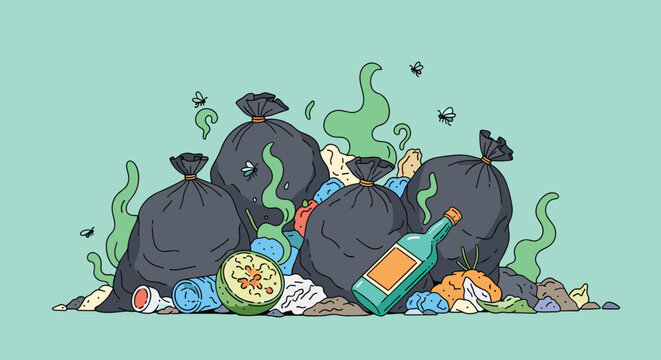 Large pile of messy black garbage bags and household waste emitting green foul odors with flies buzzing around.
