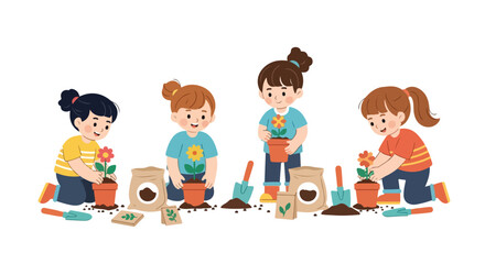 Fototapeta premium Four happy young girls are busily planting colorful flowers into pots using gardening tools and soil bags in this cute, educational illustration.