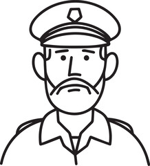 Obraz premium Hand Drawn Elderly Police Officer Man Black and White Illustration in Minimal Line Art Style Design